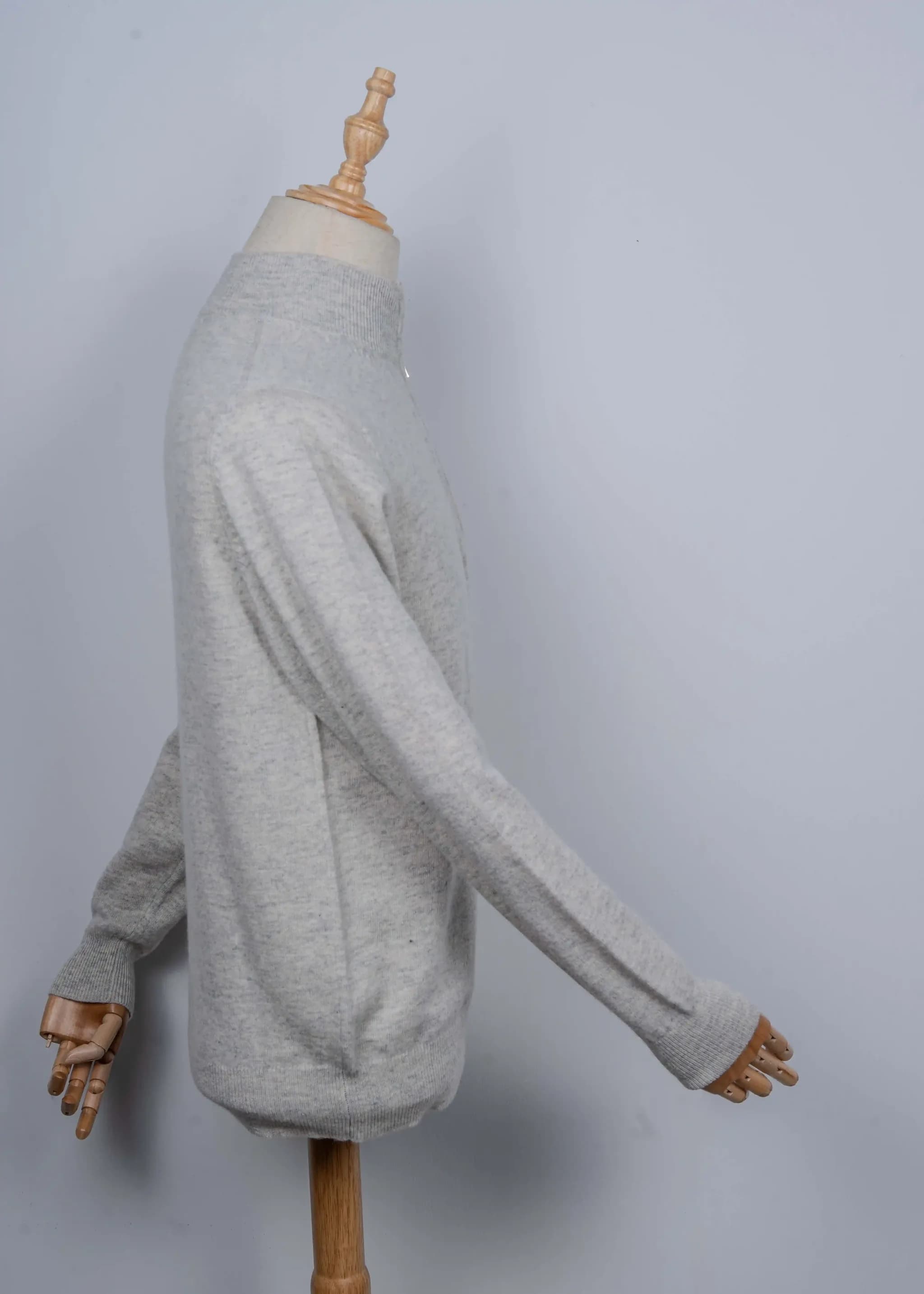 Men's quarter zip cashmere sweater in Muted Grey-Blue, second front view, knitted in Pokhara, Nepal