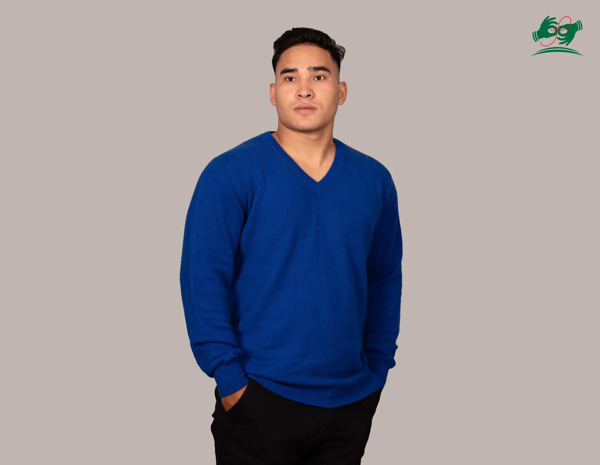 Men's V-Neck Cashmere Sweater in Indigo, knitted in Pokhara, Nepal