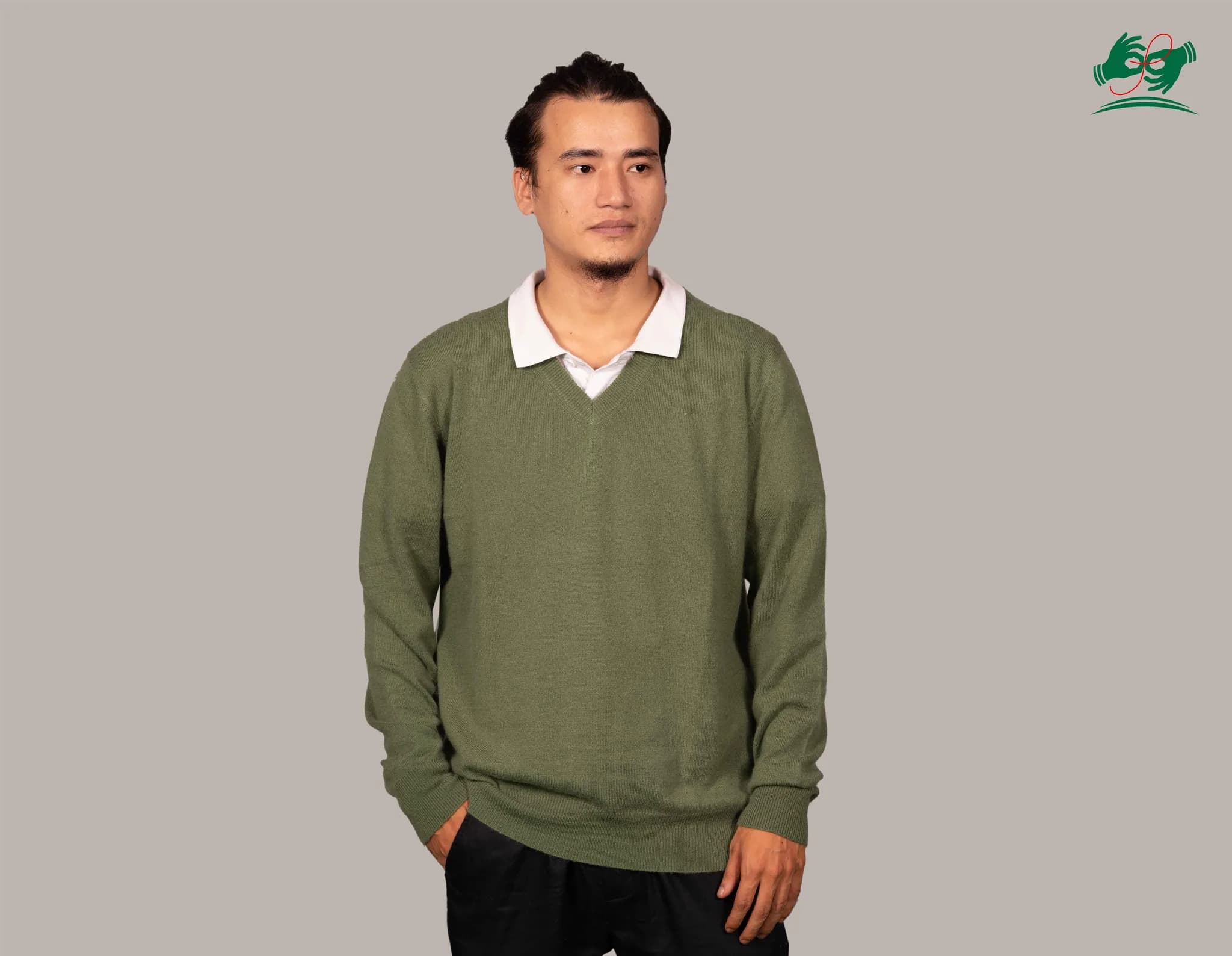 Men's V-Neck Cashmere Sweater in Olive, knitted in Pokhara, Nepal