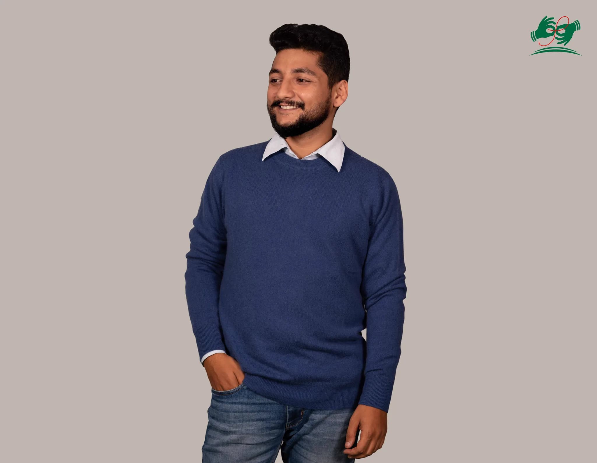 Men's crew neck cashmere sweater in Yale Blue, made in the Pokhara workshop