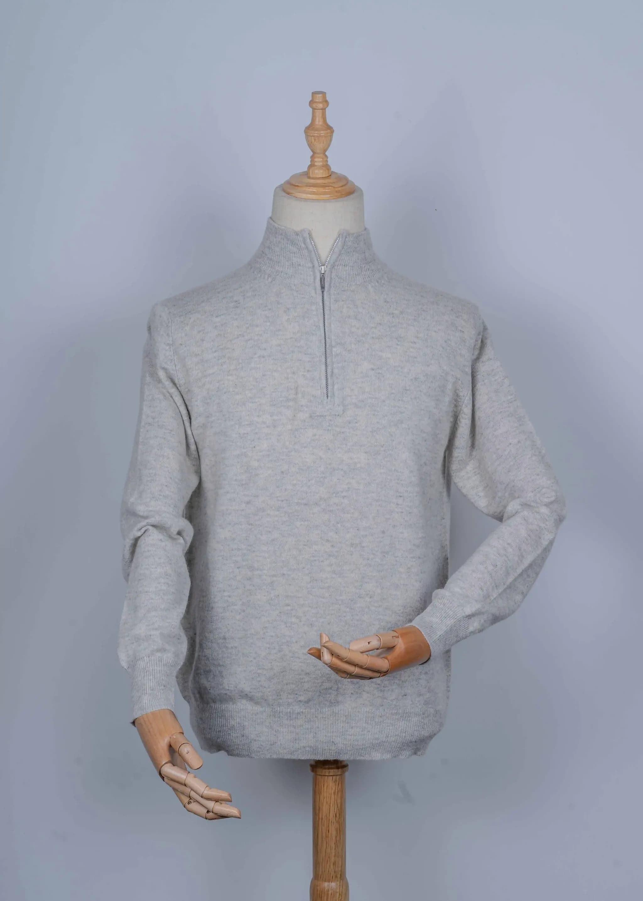 Men's quarter zip cashmere sweater in Muted Grey-Blue, knitted in Pokhara, Nepal